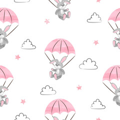 Cute toy bunny with parachute seamless pattern. Vector baby shower girl illustration