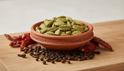 Green cardamom pods in a natural clay dish, some pods scattered around the bowl