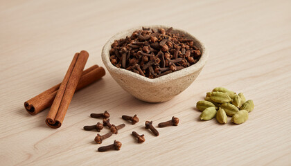 Cloves in a minimal matte clay bowl, several cloves scattered around naturally, soft warm light