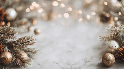 Minimalist Christmas background, clean modern aesthetic, Christmas decor subtly placed along the edges, empty space in the center for text, bokeh lights, pine branches and ornaments