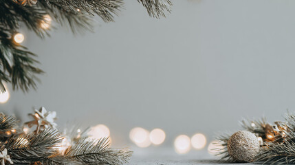 Minimalist Christmas background, clean modern aesthetic, Christmas decor subtly placed along the edges, empty space in the center for text, bokeh lights, pine branches and ornaments