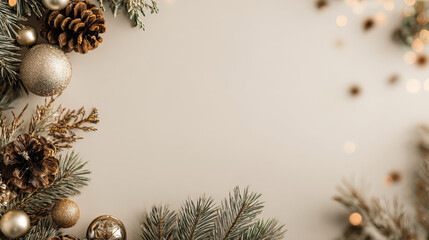 Minimalist Christmas background, clean modern aesthetic, Christmas decor subtly placed along the edges, empty space in the center for text, bokeh lights, pine branches and ornaments