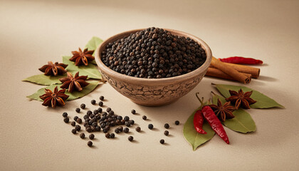 Rustic food scene of black peppercorns in a minimalistic handmade clay bowl, some peppercorns scattered naturally around
