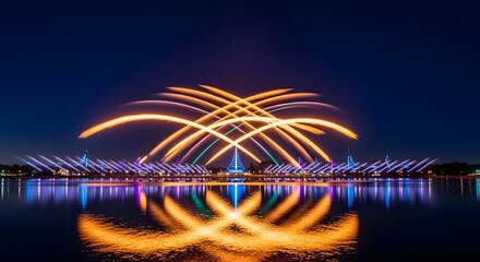 Colorful light show over water at night with intricate reflective arc patterns and cityscape