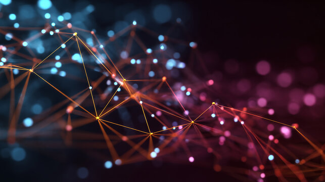Abstract digital network of interconnected nodes and lines, glowing with light