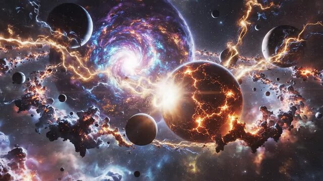 Cosmic explosion abstract universe with planets and energy fields