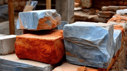 Scattered bricks and concrete chunks cover the ground at a construction site, showcasing remnants of a recent building project