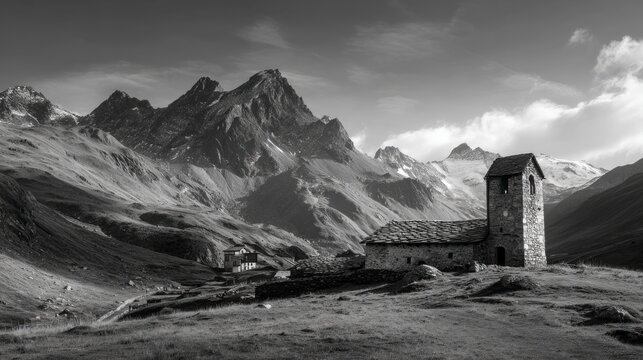 Black and white alpine mountain landscape with old stone church. AI generative - Powered by Adobe