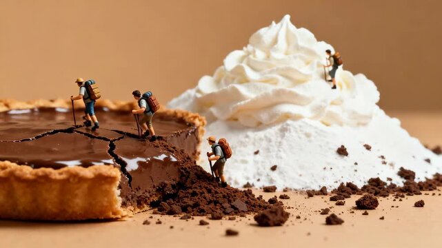 Miniature men hiking on chocolate tart and whipped cream mountain, concept of culinary adventure and dessert exploration