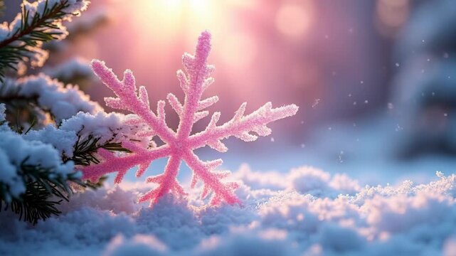 delicate snowflake crystal covered in frost and glittering against a blurred cozy winter background with pine branches and holiday deco ns 
