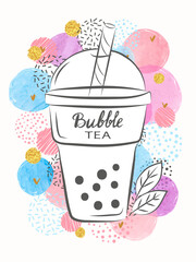 Bubble tea drink banner. Pearl milk tea flyer, vector poster. Tasty boba drink