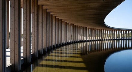 Modern curved wooden architecture with rhythmic pillars reflecting on tranquil water