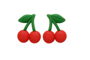 Clay cherries with green leaves and stems on transparent background