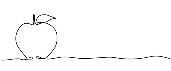 apple fruit outline line art symbol sign, One continuous line drawing for Poster, banner, background with lettering, Doodle outline,Minimal Symbol,Outline Art  with copyspace place for text 
