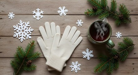 Warm winter holiday flat lay with steaming tea, soft gloves, fir branches, snowflakes