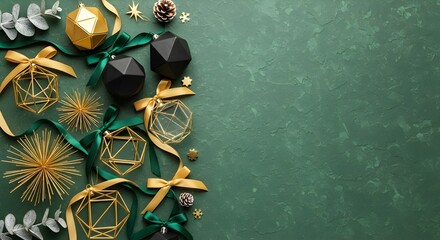 Elegant festive christmas composition with golden, black geometric ornaments, ribbons