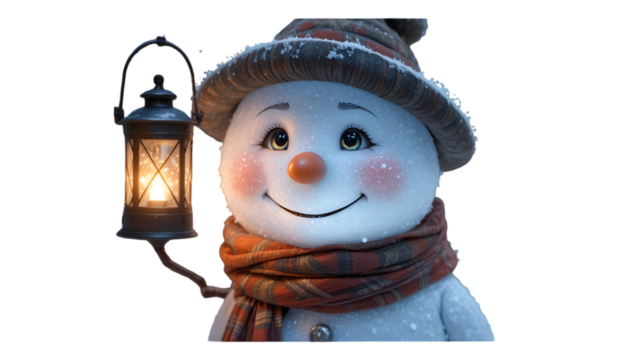 Smiling snowman with a warm lantern on a snowy night