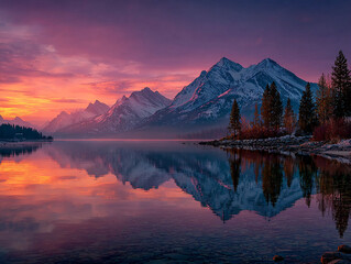 lakeside scene at sunset or sunrise, with mountains in the background and their reflection visible in the calm water. The sky is painted with hues of purple and orange
