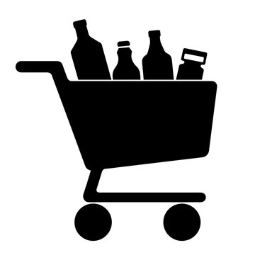 Silhouette of shopping cart with groceries, basic needs and consumer essentials in retail and daily life