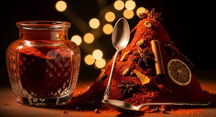 Vibrant red powdered spice in elegant glass jar with a mountain of assorted spices, spoons, and warm bokeh background lights.