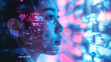 A young Asian woman with dark hair gazes thoughtfully. Her face is illuminated by colorful digital data projections, symbolizing technology and innovation.