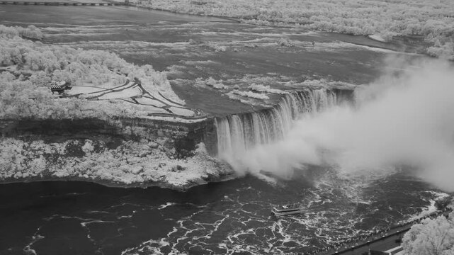 Infrared aerial landscape showing Niagara Falls nature and surroundings in bright surreal tones