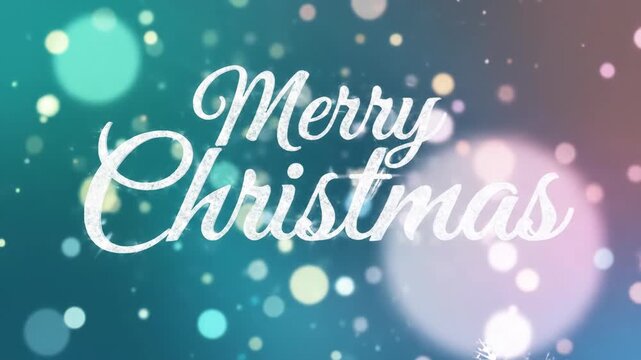Merry Christmas lettering animation with glowing bokeh and snowflakes. Festive holiday text design in blue and pink tones for seasonal greetings.