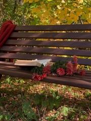 Cozy reading spot with a book and flowers in a peaceful autumn setting
