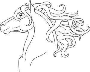 A horse with a long, lush mane, an animal portrait - a vector linear image for coloring. Outline. A stallion with a luxurious curly mane, a horse head for a coloring book.