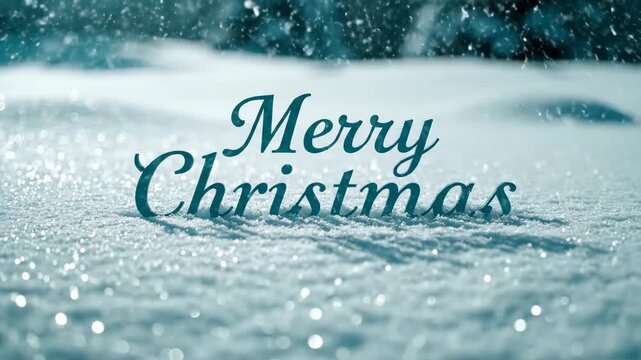 Merry Christmas lettering with sparkling snow effects. Festive holiday typography animation on winter background. Elegant script greeting for seasonal celebrations.