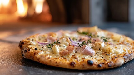 Freshly baked pizza topped with ham and cheese resting on a wooden peel near a glowing wood-fired oven in a rustic kitchen