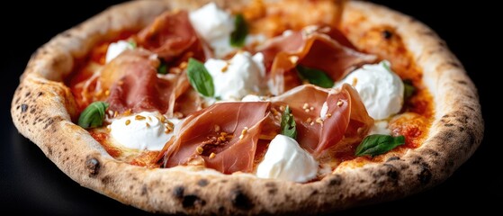 Freshly baked pizza topped with ham and cheese resting on a wooden peel near a glowing wood-fired oven in a rustic kitchen