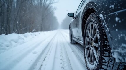 car with winter tires on snowy road 
