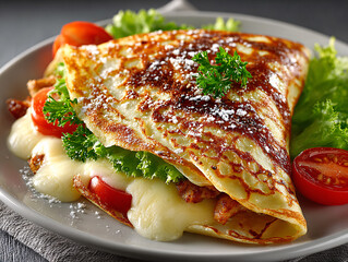 a plate of savory crepes filled with fresh lettuce, cherry tomatoes, and topped with a dollop of white sauce garnished with chopped parsley and Parmesan cheese.