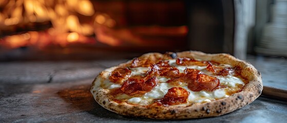 This pizza, topped with ham and cheese, is placed beside a rustic oven, ready to be enjoyed in a lush outdoor area