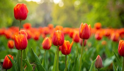 Obraz premium Vibrant field of red and orange tulips blossoming in the sunlight during springtime season