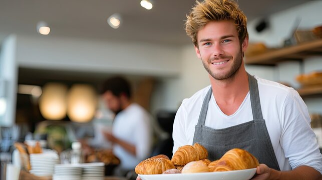 A young baker stands in a lively bakery, showcasing freshly baked pastries while surrounded by an array of treats and breads