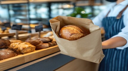 A person places a loaf of bread into a paper bag at a bakery, surrounded by various baked goods in a warm, inviting atmosphere