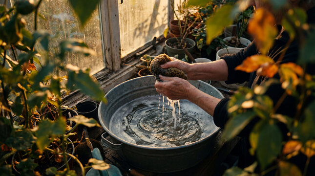 Hands clean a sponge in a metal basin amidst vibrant potted plants in a greenhouse, illuminated by soft sunlight, ideal for gardening blogs or articles.