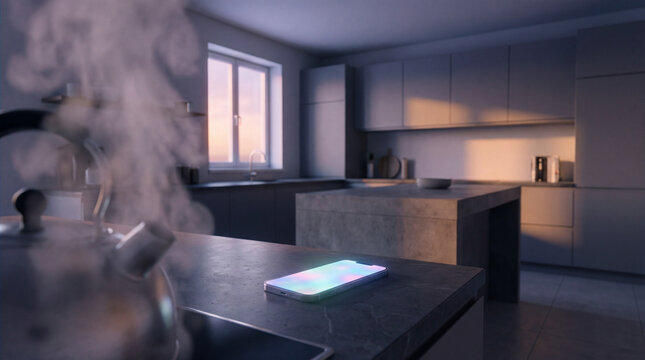Modern kitchen scene featuring a smartphone on the counter with steam from a kettle, perfect for home decor or culinary blogs.