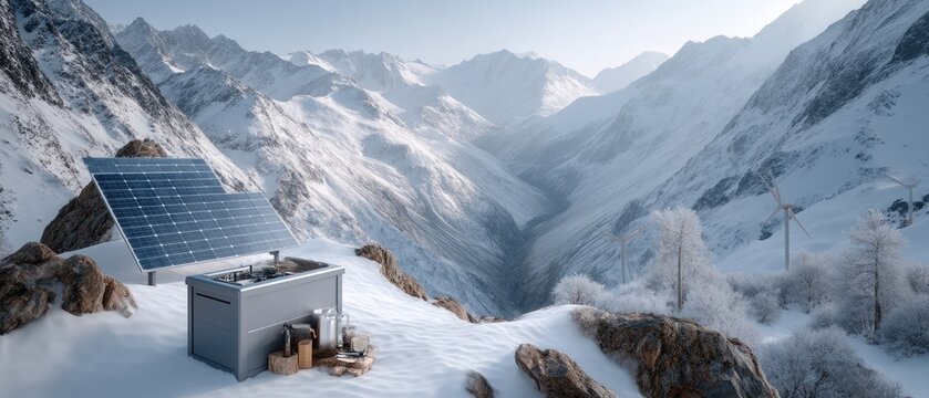 A sleek building design features large glass windows, wind turbines, and snow-covered pathways on a bright winter day