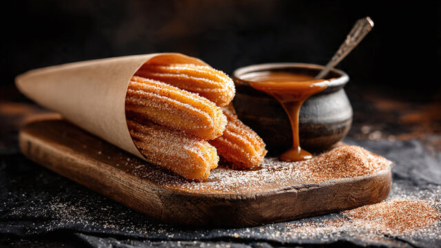 Warm churros with caramel sauce, perfect for sweet cravings, a culinary delight, ideal for dessert menus and social media food promotions.
