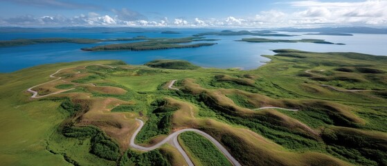 Wind turbines stand tall by a winding river, enhancing the natural beauty of a lush valley surrounded by rolling hills and mountains