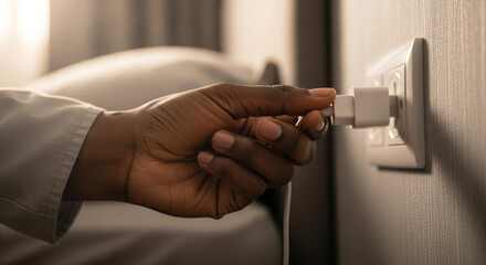 Hand unplugging phone charger from wall socket in bedroom, energy saving and device safety