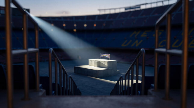 An illuminated podium marked 'CHAMPIONS' stands in a deserted stadium, perfect for sports victory themes and event promotions.