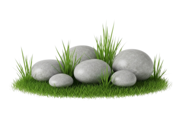 A cluster of smooth, gray stones surrounded by vibrant green grass