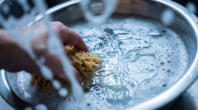 Close-up of a hand using a sponge in soapy water, ideal for cleaning tips or kitchen hygiene articles.