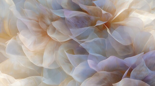 Close up abstract texture of delicate layered translucent fabric with intricate woven patterns and soft pastel colors