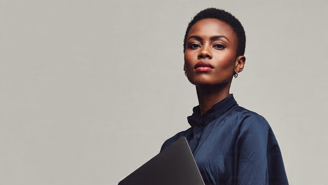 Dynamic businesswoman holding laptop radiates confidence and ambition, perfect for leadership and technology themes in vibrant modern business settings now - Powered by Adobe