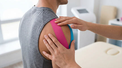 Sports therapy session applying kinesiology tape to athlete’s shoulder in physiotherapy clinic.